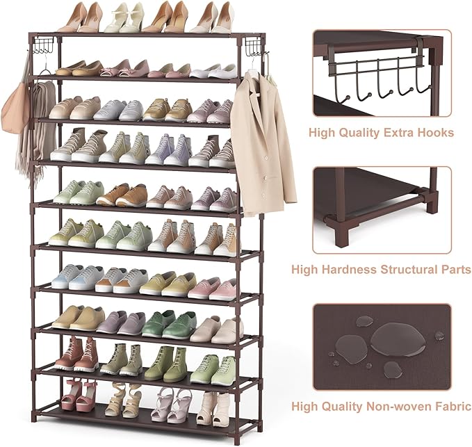 LANTEFUL 10 Tiers Shoe Rack 50 Pairs Large Capacity Tall Shoe Organizer Sturdy Shoe Storage with Two Hooks Space Saving Metal