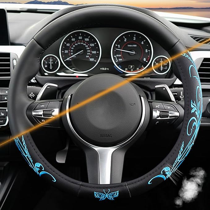 Blue Embroidery Butterfly Car Steering Wheel Cover,14.5-15 Inch Universal Leather Covers Breathable Anti-Slip Odorless Steeri