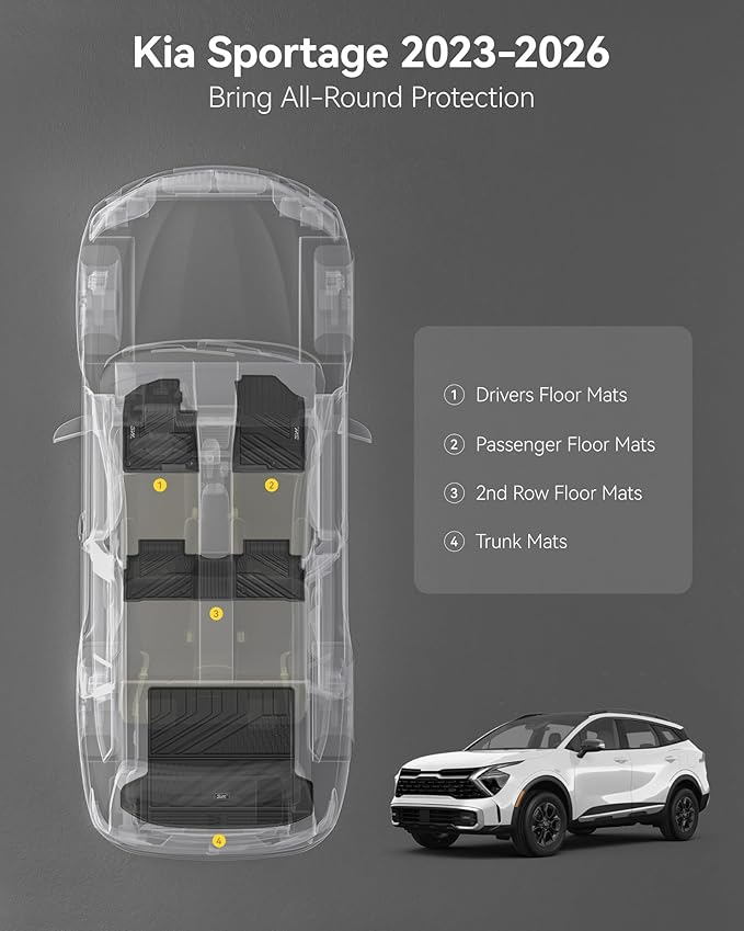 3W Floor Mats & Cargo Liner (with Subwoofer) Fit Kia Sportage (Not Fit Hybrid or PHEV) 2023-2025 2026 TPE All Weather Custom Fit Floor Liner for Kia Sportage Full Set Car Mats, Black