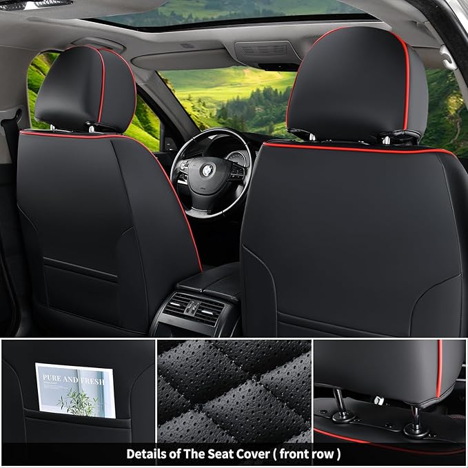 Coverado Seat Covers Full Set, Waterproof Nappa Leather Seat Covers for Cars, 5 Seats Universal Car Seat Protectors, Black Ca