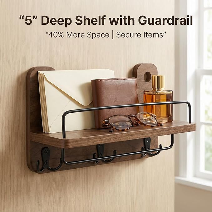 REFGY Key Holder for Wall with Shelf - 5.1" Deep Large Mail Organizer Wall Mount with 3 Heavy-Duty Dual Hooks & Safety Guardr