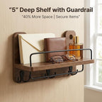 REFGY Key Holder for Wall with Shelf - 5.1" Deep Large Mail Organizer Wall Mount with 3 Heavy-Duty Dual Hooks & Safety Guardr