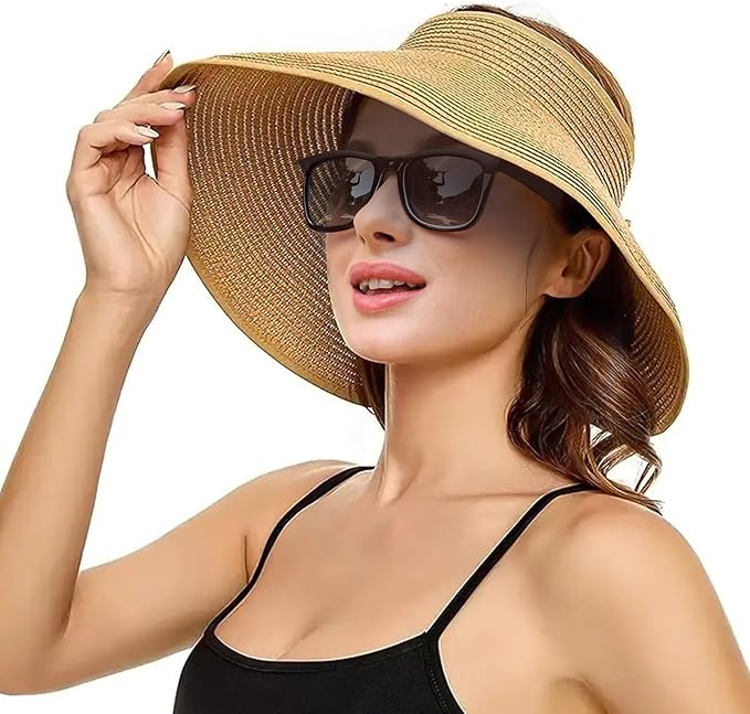 Sun Visor Hat for Women, Wide Brim Straw Summer UV Protection Hat, Foldable Roll-up Packable Beach Cap