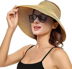 Sun Visor Hat for Women, Wide Brim Straw Summer UV Protection Hat, Foldable Roll-up Packable Beach Cap
