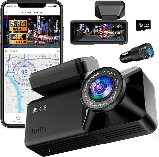 4K Dash Cam Front, Built-in 5.8G WiFi, Free 64GB Card & 48W A+C Car Charger Included, Dash Camera for Cars, Mini Dashcam with Super Night Vision, Loop Recording, G-Sensor, 24 Hours Parking Monitor