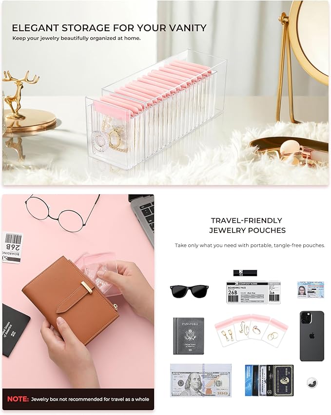 HOMEHIVE Clear Acrylic Jewelry Organizer Box with 20 Portable Pouches, Jewelry Storage Case for Women Girls, Tangle-Free, Ant