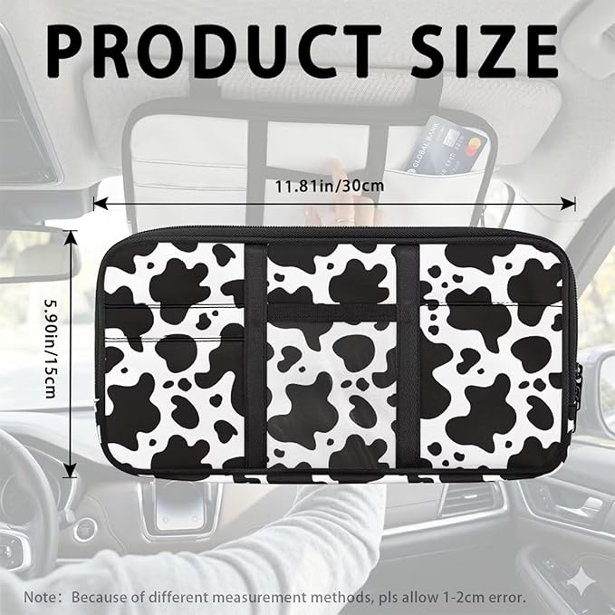 Cow Print Car Sun Visor Organizer Storage Auto Interior Accessories Pocket Organizer - Lightweight Car Truck SUV Storage Pouch Holder, with Multi-Pocket Zipper for Card, Document