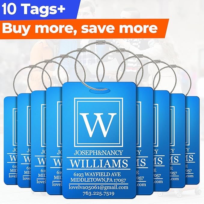 10 PCS Personalized Luggage Tags, Custom Engraved Aluminum Luggage Tags for Family, Metal Luggage Tags for Suitcases, Backpac