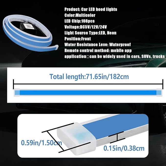 Ultra Thin LED Hood Light Strip, RGB Illusory Color Beam Kit, Multicolor Flexible LED Daytime Running Strip Lights for Cars, Trucks, Pickups, SUVs, etc (70in)