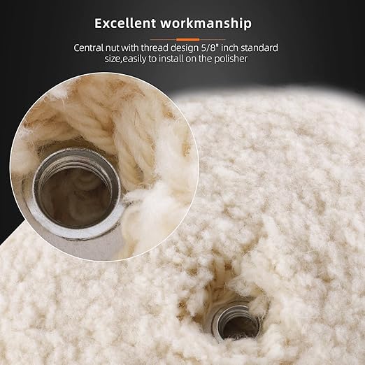 SPTA 8" (200mm) Wool Buffing Pad, Double Side 100% Natural Wool Pad with 5/8-11 Thread for 2-Sided Compound Cutting and Polishing for Automotive, Marine and Epoxies