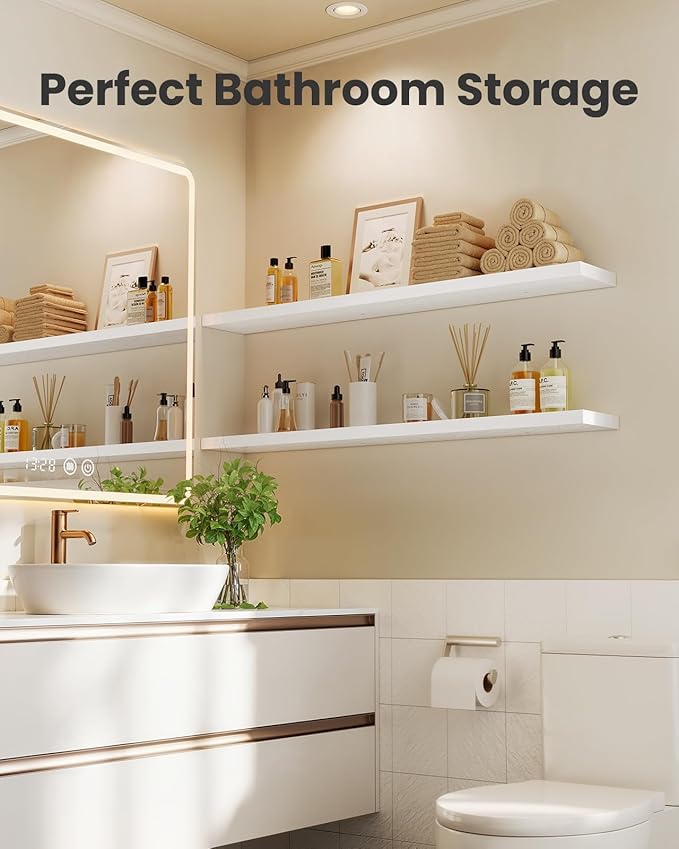 AMADA HOMEFURNISHING 35.4" L Floating Shelves, Wall Shelves Set of 3 for Bathroom/Living Room/Bedroom/Kitchen, White Floating