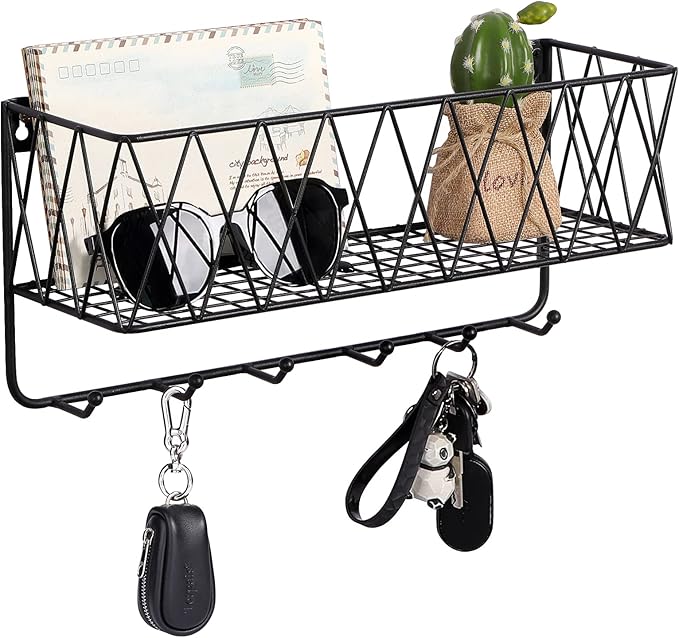 OROPY Entryway Mail Holder with Key Hooks, 14" L×4.7" W×6.5" H, Wall Mounted Matte Black Metal Wire Mesh Storage Basket with 