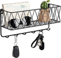 OROPY Entryway Mail Holder with Key Hooks, 14" L×4.7" W×6.5" H, Wall Mounted Matte Black Metal Wire Mesh Storage Basket with 