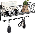 OROPY Entryway Mail Holder with Key Hooks, 14" L×4.7" W×6.5" H, Wall Mounted Matte Black Metal Wire Mesh Storage Basket with 