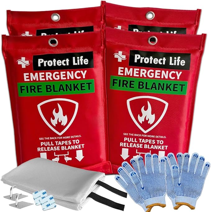 Protect Life Saving Emergency Fire Blankets 4 Pack - 40"x40", Fiberglass Fire Blanket for Home & Kitchen - Fire Suppression o