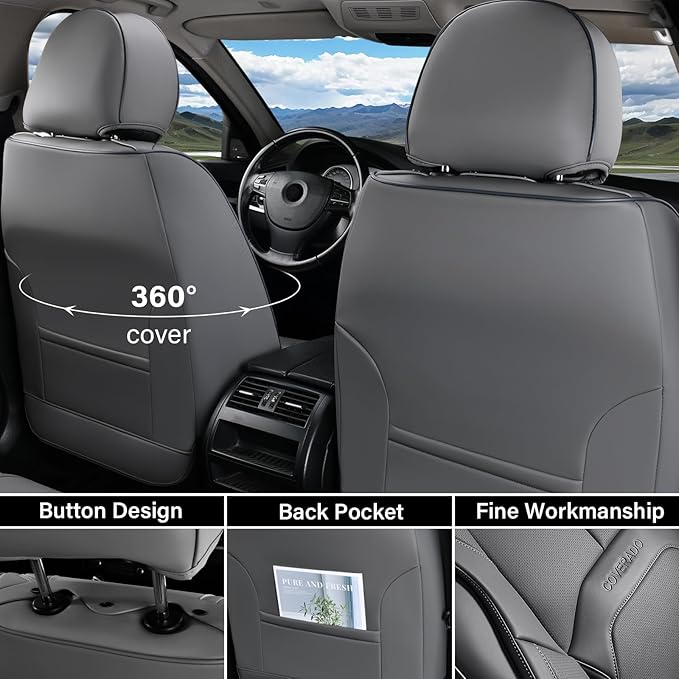 Coverado Car Seat Covers Full Set, Premium Nappa Leather Seat Covers for Car, Waterproof Car Seat Protector with Lumbar Suppo