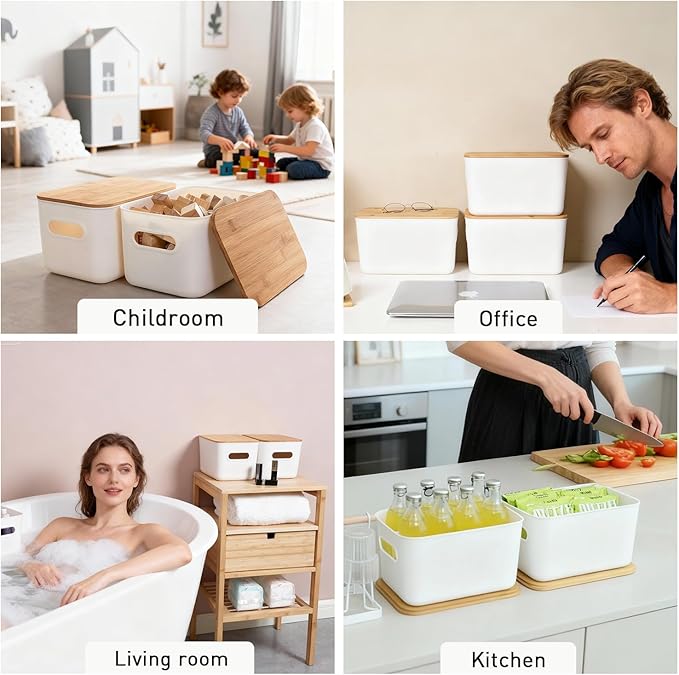 Citylife Storage Bins with Bamboo Lids 7QT Plastic Storage Containers Stackable Organizer Boxes with Handle for Desk Snacks, 