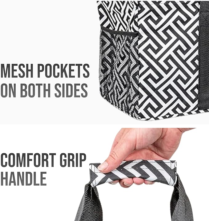 Extra Large Utility Tote Bag - Oversized Collapsible Reusable Wire Frame Rectangular Canvas Basket With Two Exterior Pockets For Beach, Pool, Laundry, Car Trunk, Storage - Geometrc Black