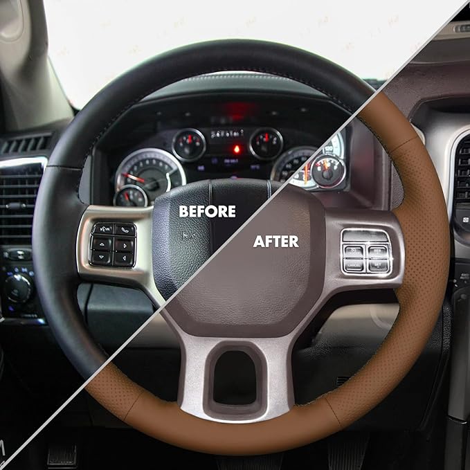 MEWANT Steering Wheel Covers for Dodge RAM 1500/1500 Classic / 2500/3500 / 5500 Hand-Stitched Genuine Leather ram Steering Wheel Wrap