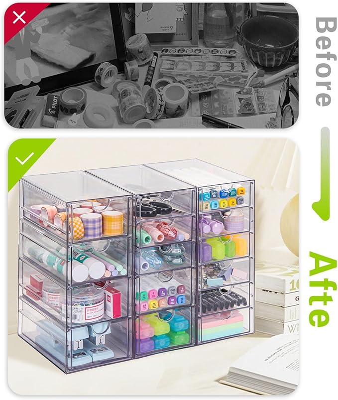 VZKAH Clear Acrylic Organizer with Drawers | 15-Drawer Desktop Unit | Makeup & Desk Organization and Storage Box for Office, 