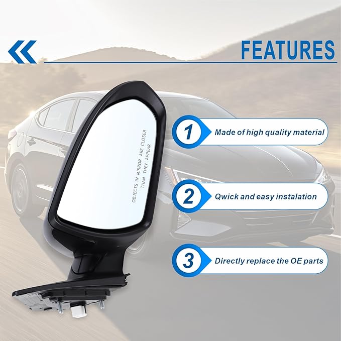 Right Passenger Side Mirror Compatible With 2017 2018 2019 2020 Hyundai Elantra With Manual Folding Power Glass Black Replace#87620F3050(3Pins)