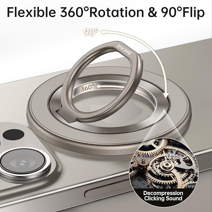 SYNCWIRE Magnetic Phone Ring Holder for MagSafe, 360° Rotation Cell Phone Grip Stand Finger Ring Kickstand Two-Sided Magnet Compatible with iPhone 17 Pro Max 16 15 14 13 12 MagSafe Accessories