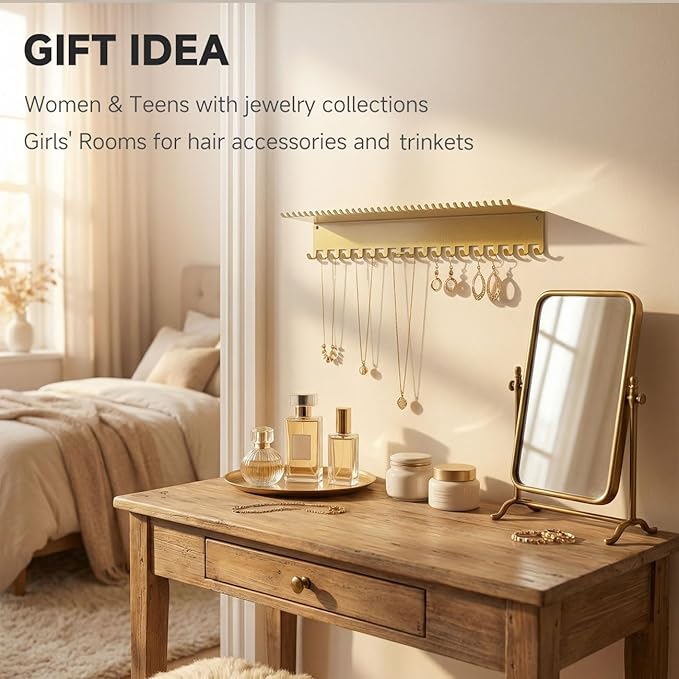 Necklace Jewelry Holder Wall Hanging Organizer Hangers Storage Mounted Shelf with 56 Hooks Tray Display Girls Women Metal Doo