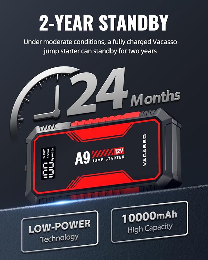Jump Starter 4000A, VACASSO A9 Battery Jumper Starter Portable (7L Gas/4L Diesel), 12V Car Battery Booster Jump Starters
