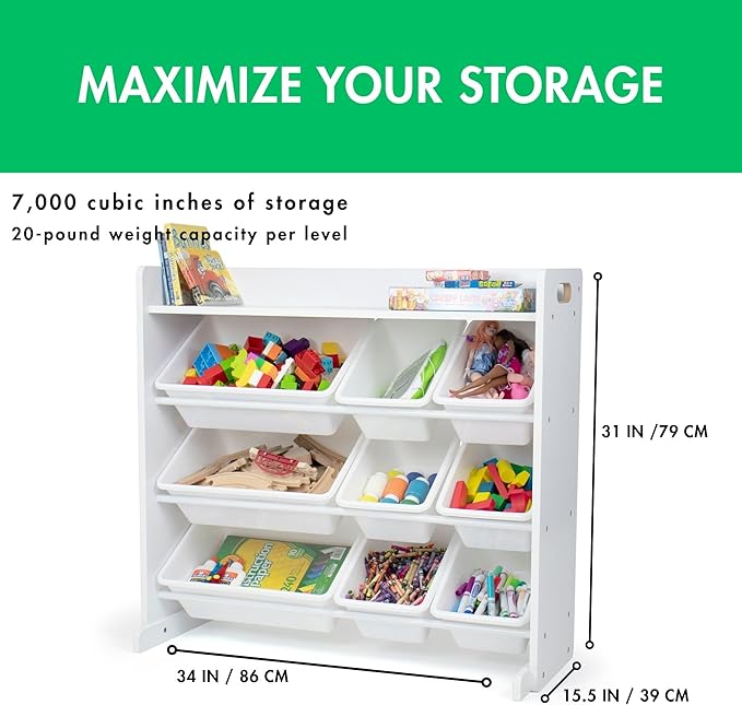 Humble Crew Toy Storage Organizer with Top Shelf and 9 Removable Bins, White/White – Toddler Bookshelf with Toy Organizer - M