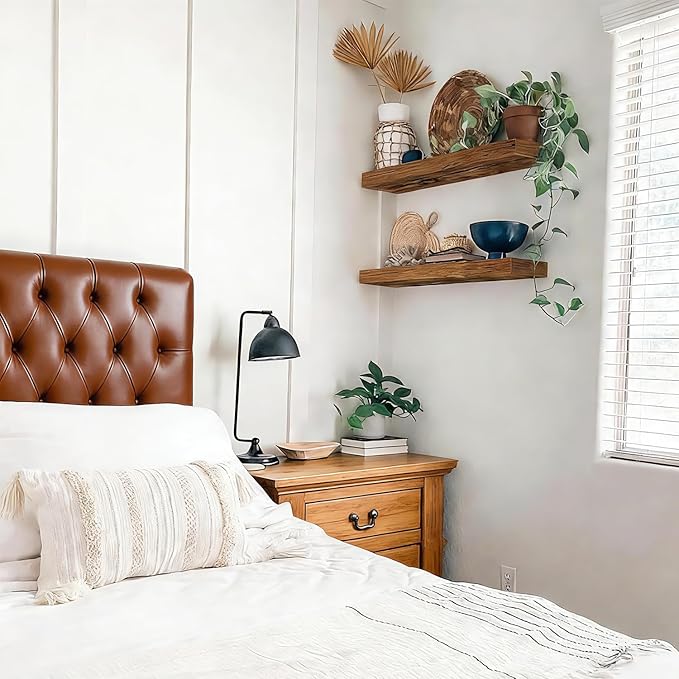 Solid Wood Floating Wall Shelves Set of 2, Pine Wood Wall Mounted Display Rack, Space Saving Farmhouse Style for Bedroom Bath