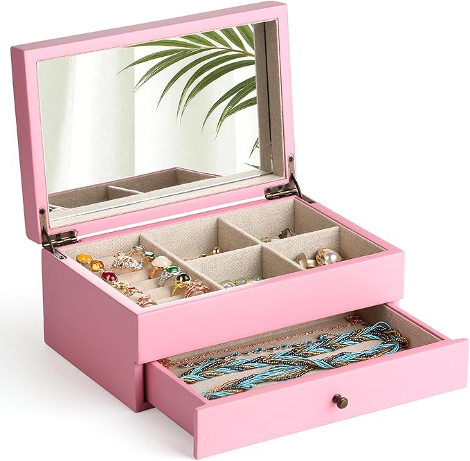 Meangood Jewelry Box Organizer for Women, 2 Layer Large Jewelry Storage Case, Rustic Wooden Jewelry Box with Mirror & Ring Tr