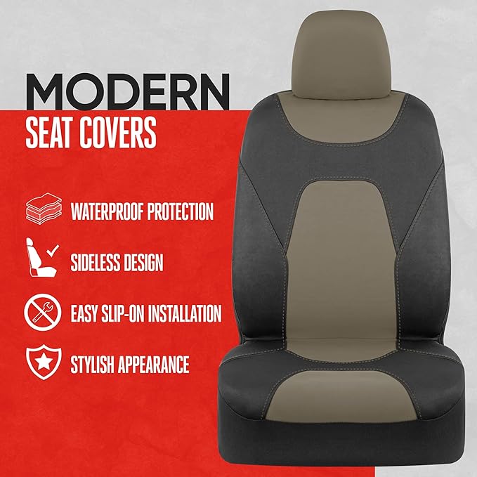 Motor Trend Waterproof Car Seat Covers Full Set – Black & Beige Seat Covers for Car Front & 60/40 Split Back Bench - Carseat 