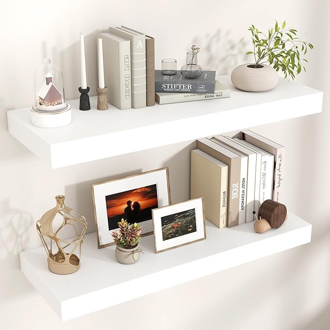 Floating Shelves for Wall, 36" W x 12" D x 2" H, 2 Pack of Long Wall Mounted Engineered Wood Shelves with Invisible Brackets 