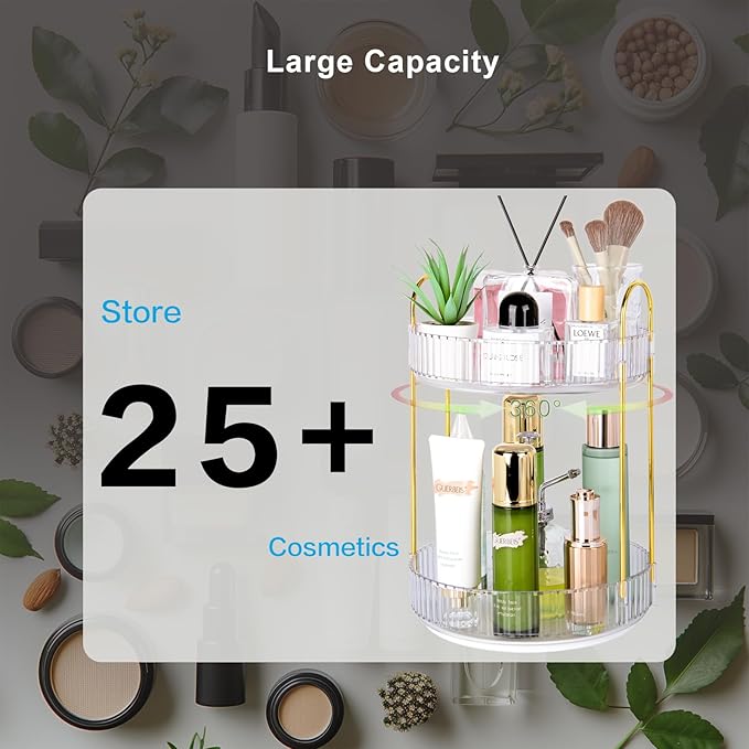 360 Rotating Makeup Organizer - Large Capacity Spinning Perfume & Cosmetic Skincare Holder for Countertop (Pearl White, 2 Tie