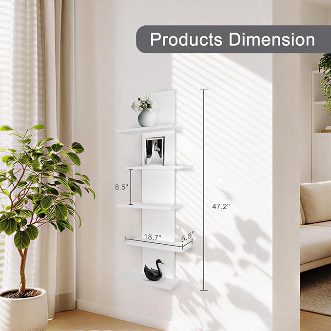 5 Tier Wall Shelf Unit-White Floating Shelves for Home Decor, Modern Unique Asymmetric Design for Bedroom & Living Room Stora