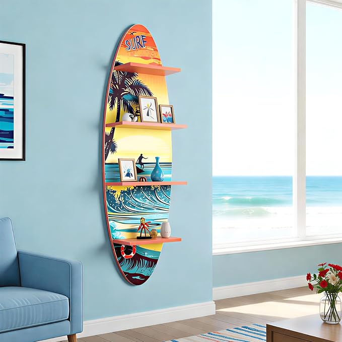 Creative Surfboard Wall Shelf for Wall Decor & Storage, Vertical Floating Shelf, Decorative Beach Style Lack Wall Shelves