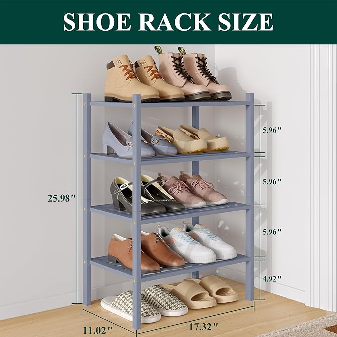 Smiry Small Bamboo Shoe Rack 4-Tier, Stackable Wooden Shoe Organizer for Entryway & Closet, Free Standing Wood Shoe Storage S