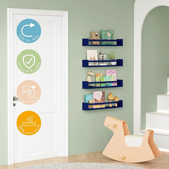 Forbena Wall Book Shelf Organizer for Kids Room Set of 4, Large Floating Book Shelves for Boy Nursery Wall Deocr, 24 Inches W