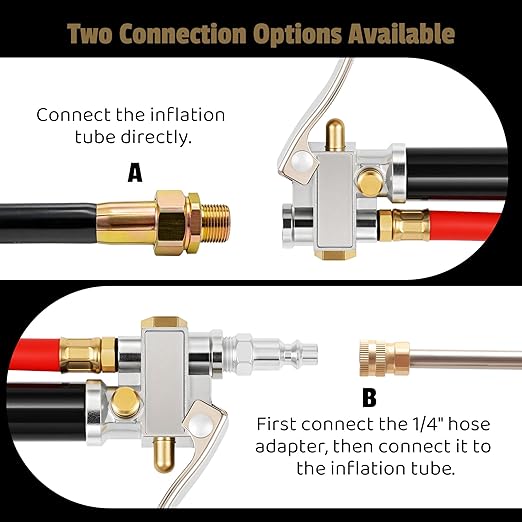 Heavy Duty Tire Pressure Gauge Inflator for Trucks & RVs (10-120 PSI) - Dual Head Air Chuck with 4-Way Tool, Rubber Hose & Valve Cores, 1/4" NPT Inlet