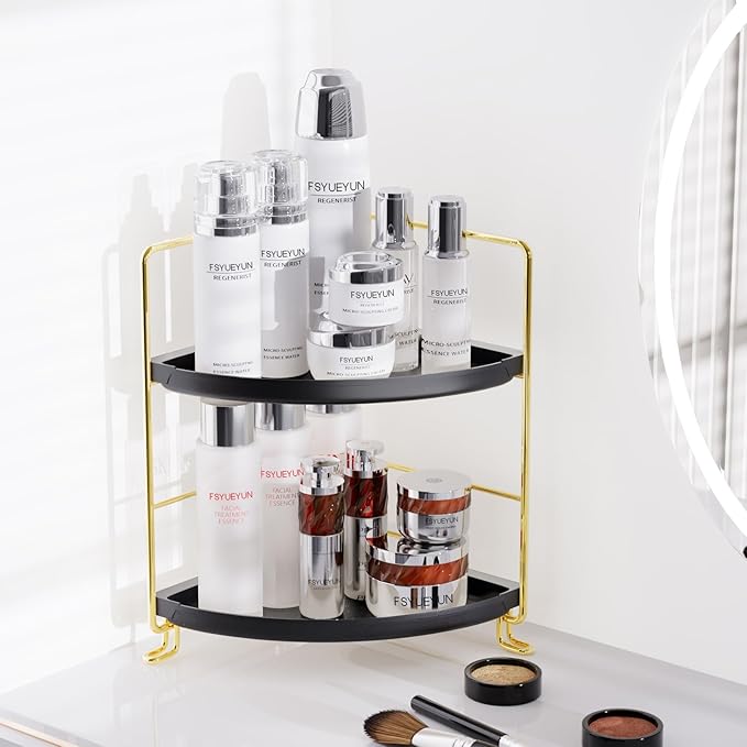 FSyueyun 2-Tier Corner Bathroom Counter Organizer, Tool-Less Installation Vanity Shelf Small Plastics Countertop Makeup Tray 