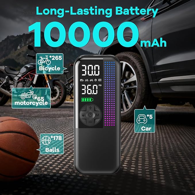 Tire Inflator Portable Air Compressor,150 PSI Cordless Air Pump, 12V DC Car Plug,Dual Power 10000mAh, Fast Inflation 24L/Min, 4 Preset Modes for Car, Bike, Motorcycle, Balls (Black, 10000mAh)