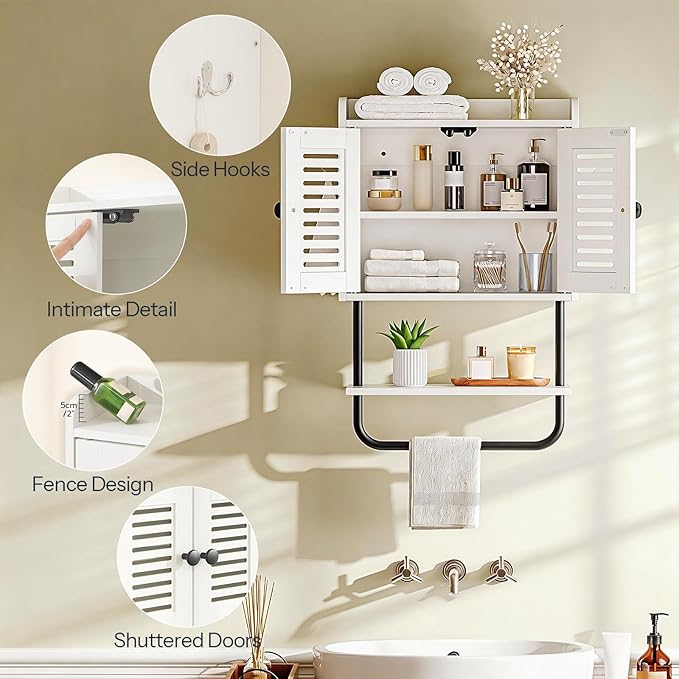 HOOBRO Medicine Cabinet, Double Doors Bathroom Wall Cabinet with Towel Bar, Adjustable Shelf, 2 Hooks, Over The Toilet Storag