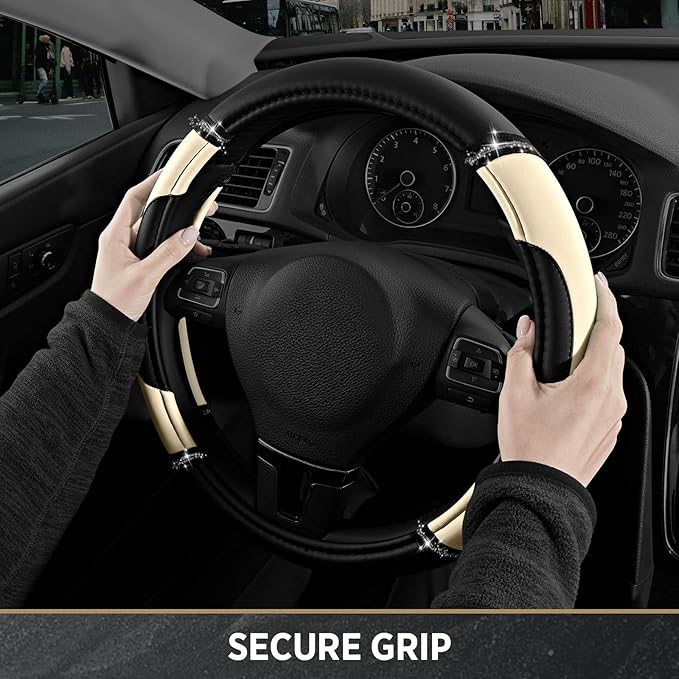 Road Comforts Leather Steering Wheel Cover - Made with PVC Leather - Anti-Slip, Universal Fit 14 1/2 inches to 15 inches - Mi
