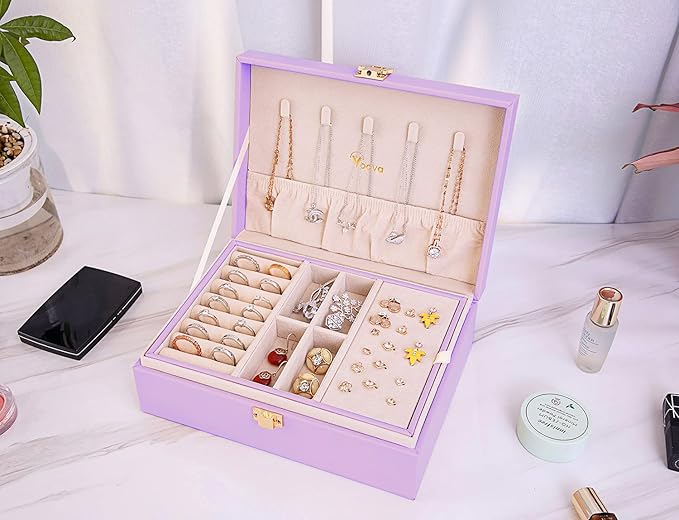 Voova Jewelry Box Organizer for Women Girls, 2 Layer Large Men Jewelry Storage Case, PU Leather Display Jewellery Holder with