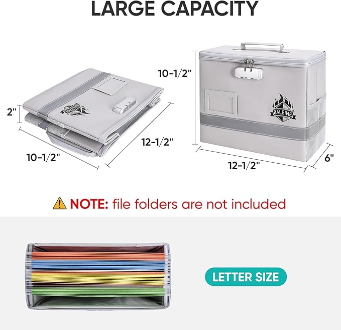 BALEINE Fireproof Document Box with Lock, Portable Fireproof Document Bag Waterproof Fire Proof File Boxes for Documents, Fil