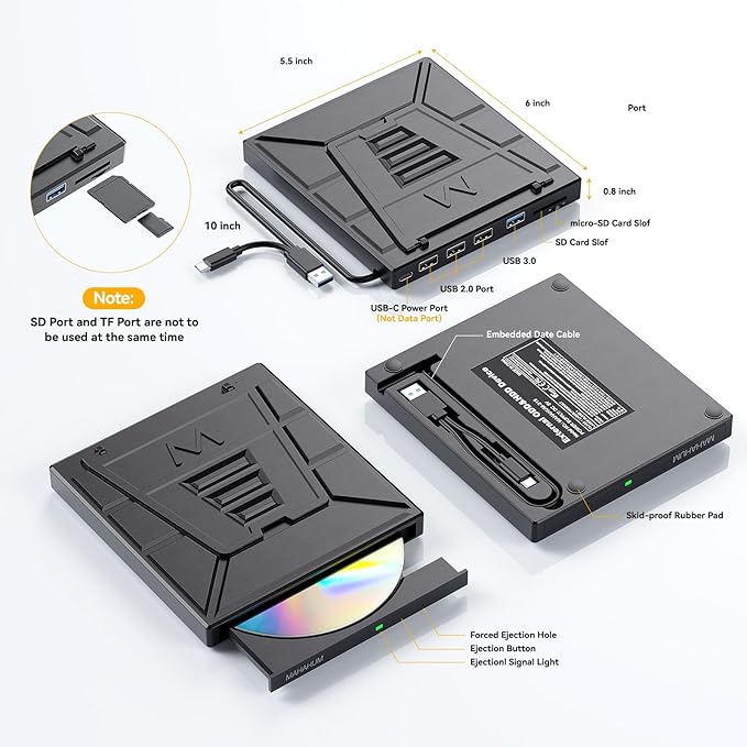 9-in-1 External CD/DVD Drive with Phone Holder, USB 3.0 & Type-C Portable DVD±RW/CD Burner, Plug and Play Optical Drive Compatible with Laptop PC, Desktop, Windows 11/10/8/7, Mac, Linux