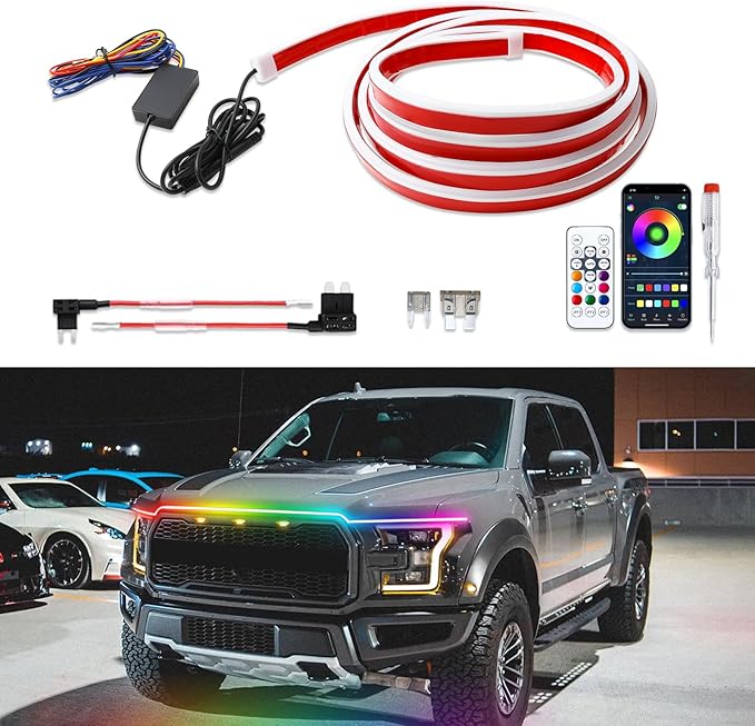 DREAMIZER 94" RGB Car Led Hood Light Strip Multicolor Exterior Dynamic Car Led Strip Lights Waterproof Flexible Light Strip with Fuse Protection Daytime Running Hood Lights for Truck,Cars,SUV,Pickups