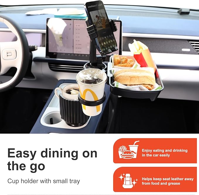 Car Large Cup Holder Expander, 5-in-1 Cupholder Extender with Phone Holder & Swivel and Detachable Snack Food Tray Table for 