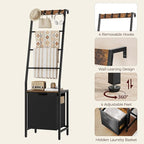 MAHANCRIS Blanket Ladder, 4-Tier Towel Rack with Pull-Out Laundry Basket & Removable Hooks, Ladder Shelf Stand, Wall-Leaning 