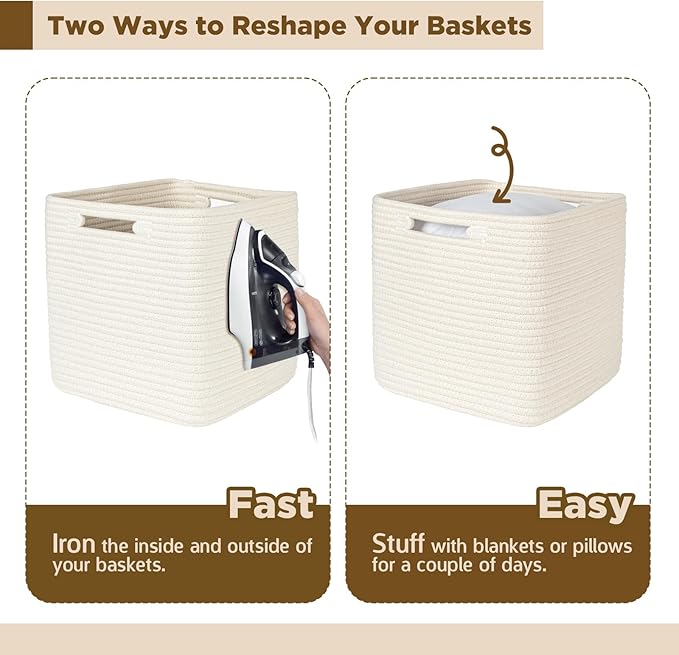 AELS Hand Woven Cotton Basket for Storage, Cube Storage Bins with Handles, Foldable Collapsible Closet Organizers and Storage